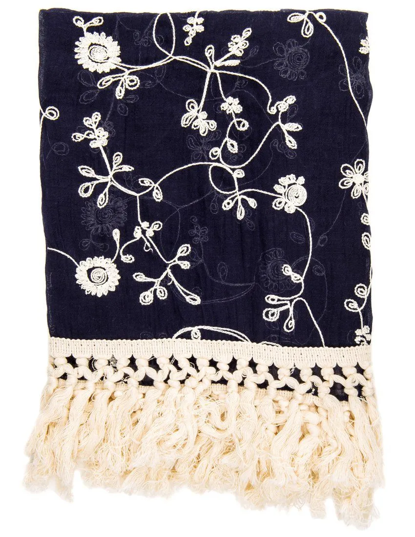 Embroidered Vine Scarf with Tassles