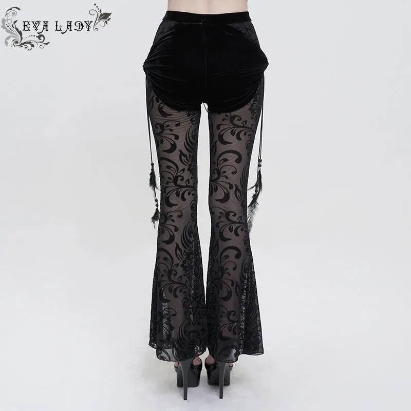 EPT012 Fake two-piece flocked mesh flared pants