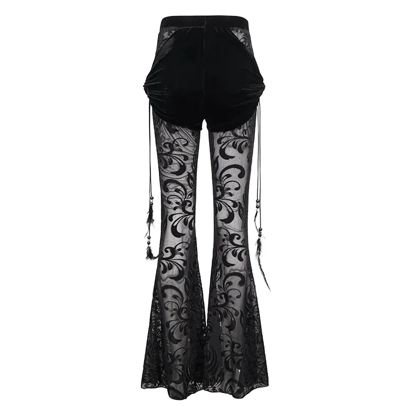 EPT012 Fake two-piece flocked mesh flared pants