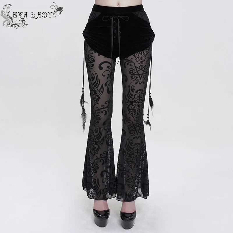 EPT012 Fake two-piece flocked mesh flared pants