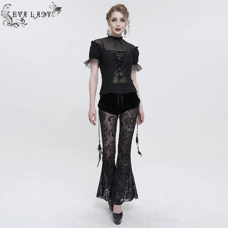 EPT012 Fake two-piece flocked mesh flared pants