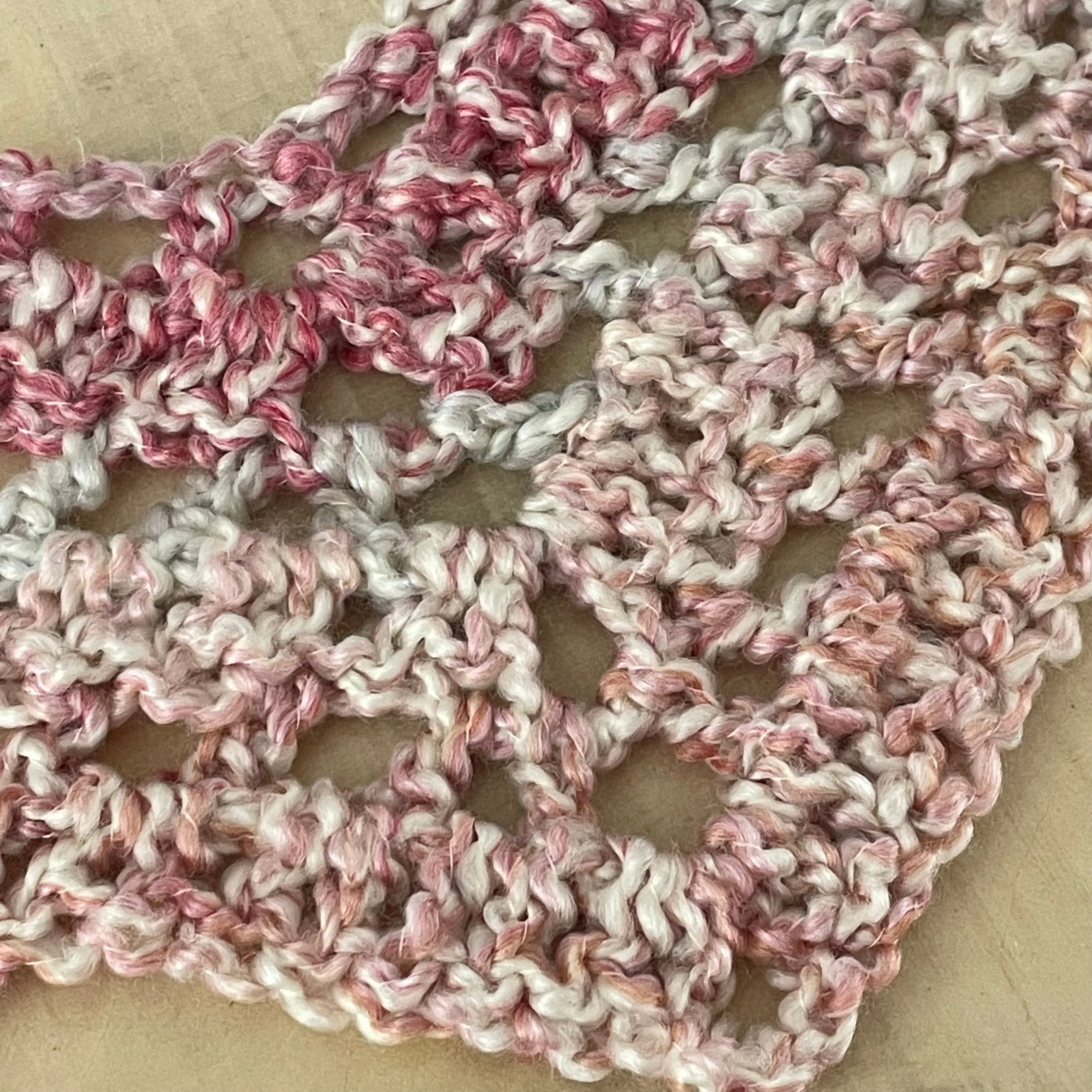 Extra Soft Pastel Pink Green & Cream Marbled Scarf Multicolor Crochet Knit Spring Fall Winter Flirty Geometric Hand Crafted Gift Accessory