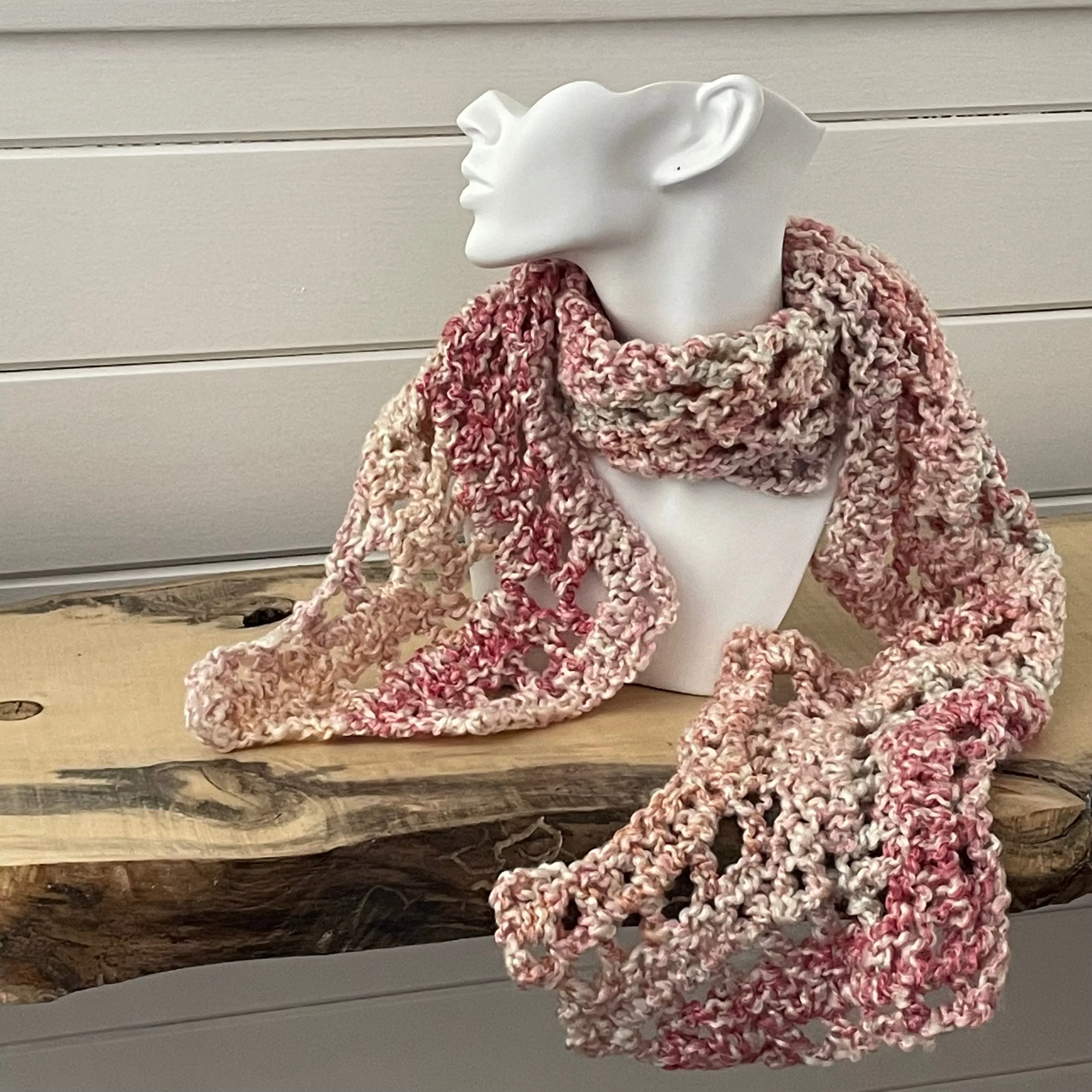 Extra Soft Pastel Pink Green & Cream Marbled Scarf Multicolor Crochet Knit Spring Fall Winter Flirty Geometric Hand Crafted Gift Accessory