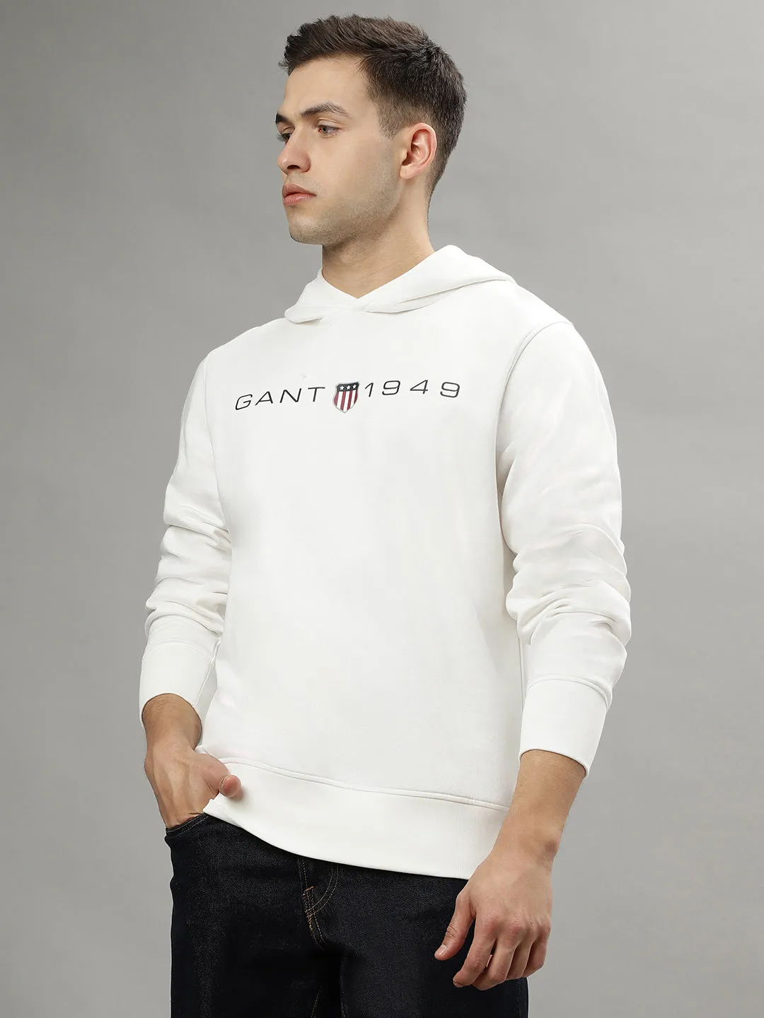 Gant Men Off White Solid Hooded Long Sleeves Sweatshirts