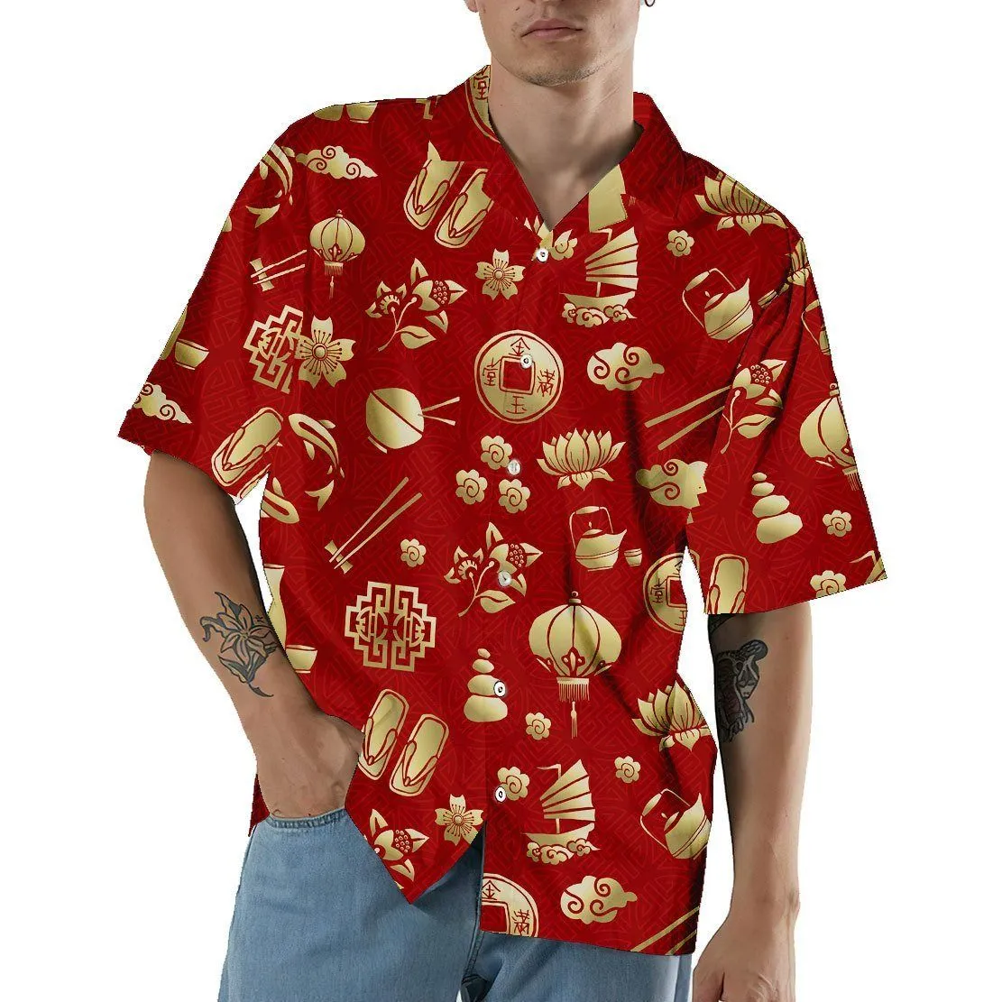 Gearhuman 3D Gold Asian Culture Hawaii Shirt