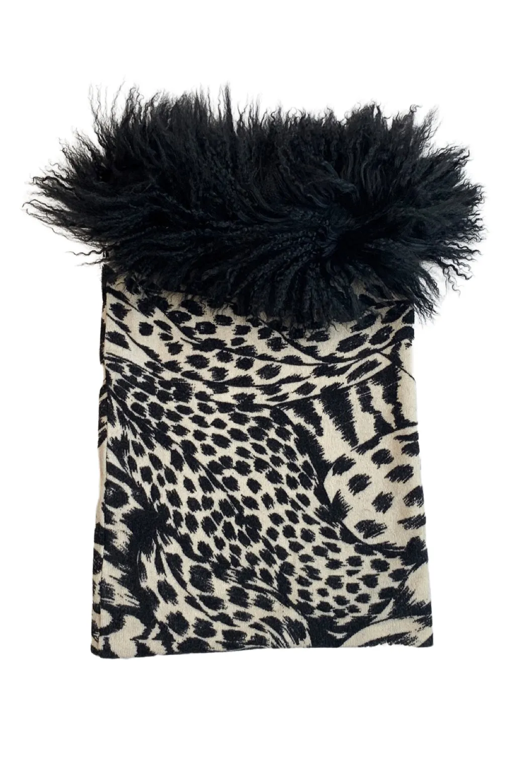 GIANFRANCO FERRE BLACK & WHITE ANIMAL PRINT KNIT SCARF WITH FUR TRIM