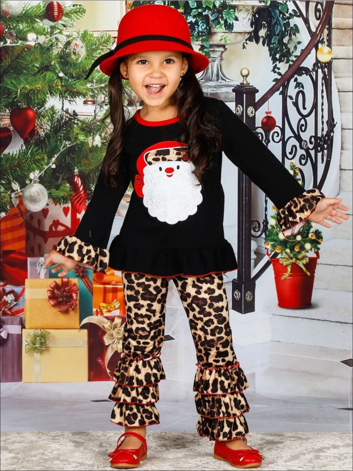 Girls Christmas Themed Long Sleeve Santa Applique Tunic And Ruffled Animal Print Legging Set