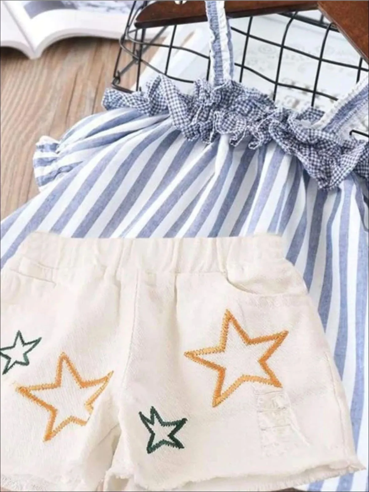 Girls Summer Striped Off Shoulder Tunic And Star Denim Short Set