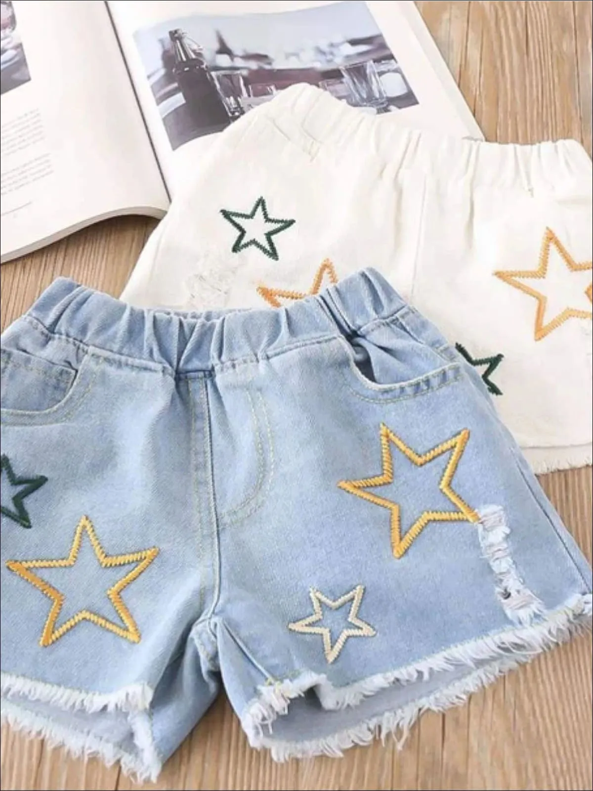 Girls Summer Striped Off Shoulder Tunic And Star Denim Short Set