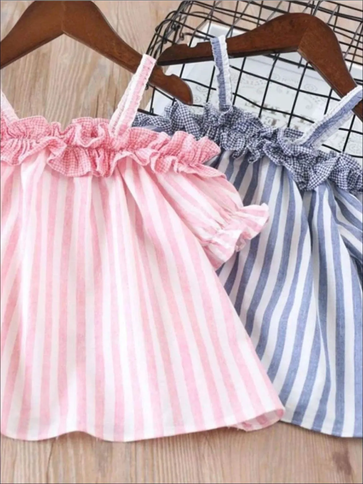 Girls Summer Striped Off Shoulder Tunic And Star Denim Short Set