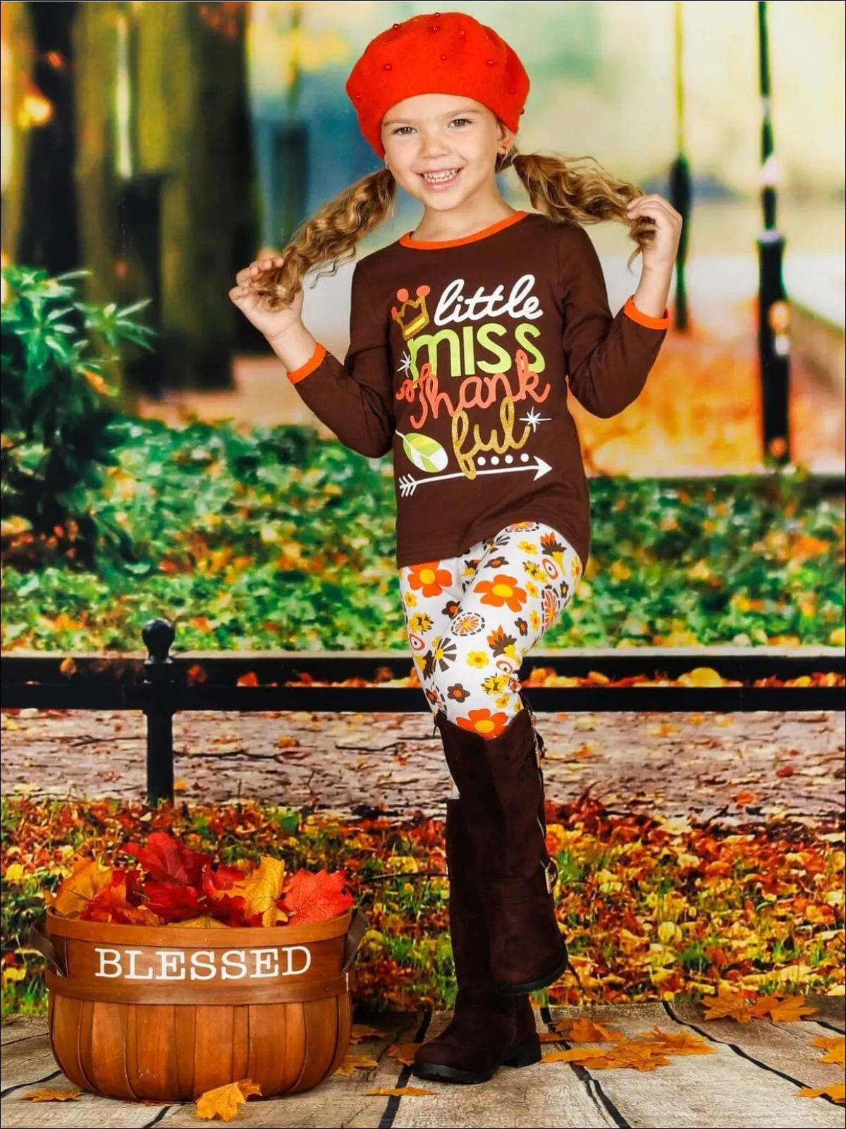 Girls Thanksgiving Themed "Little Miss Thankful" Long Sleeve Top And Printed Legging Set