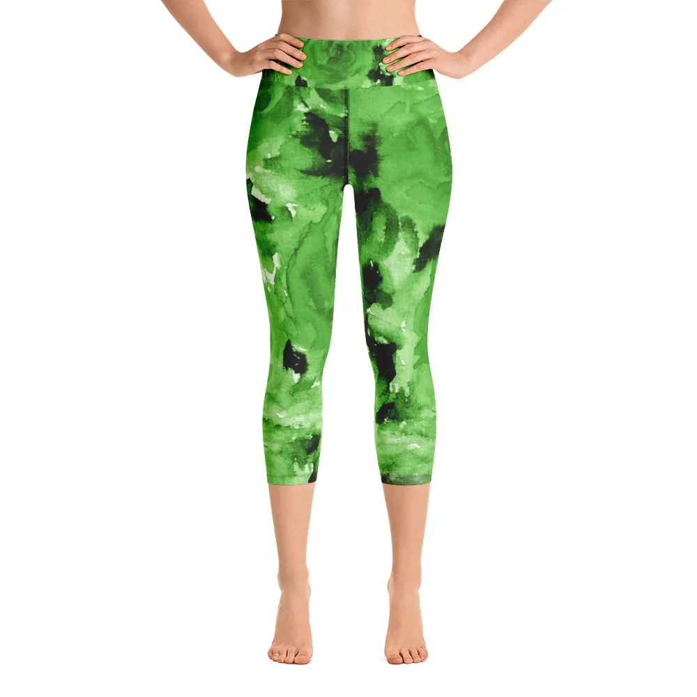 Green Floral Capri Leggings, Rose Women's Capris Yoga Pants Tights- Made in USA/EU