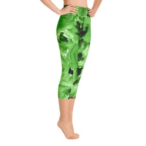 Green Floral Capri Leggings, Rose Women's Capris Yoga Pants Tights- Made in USA/EU