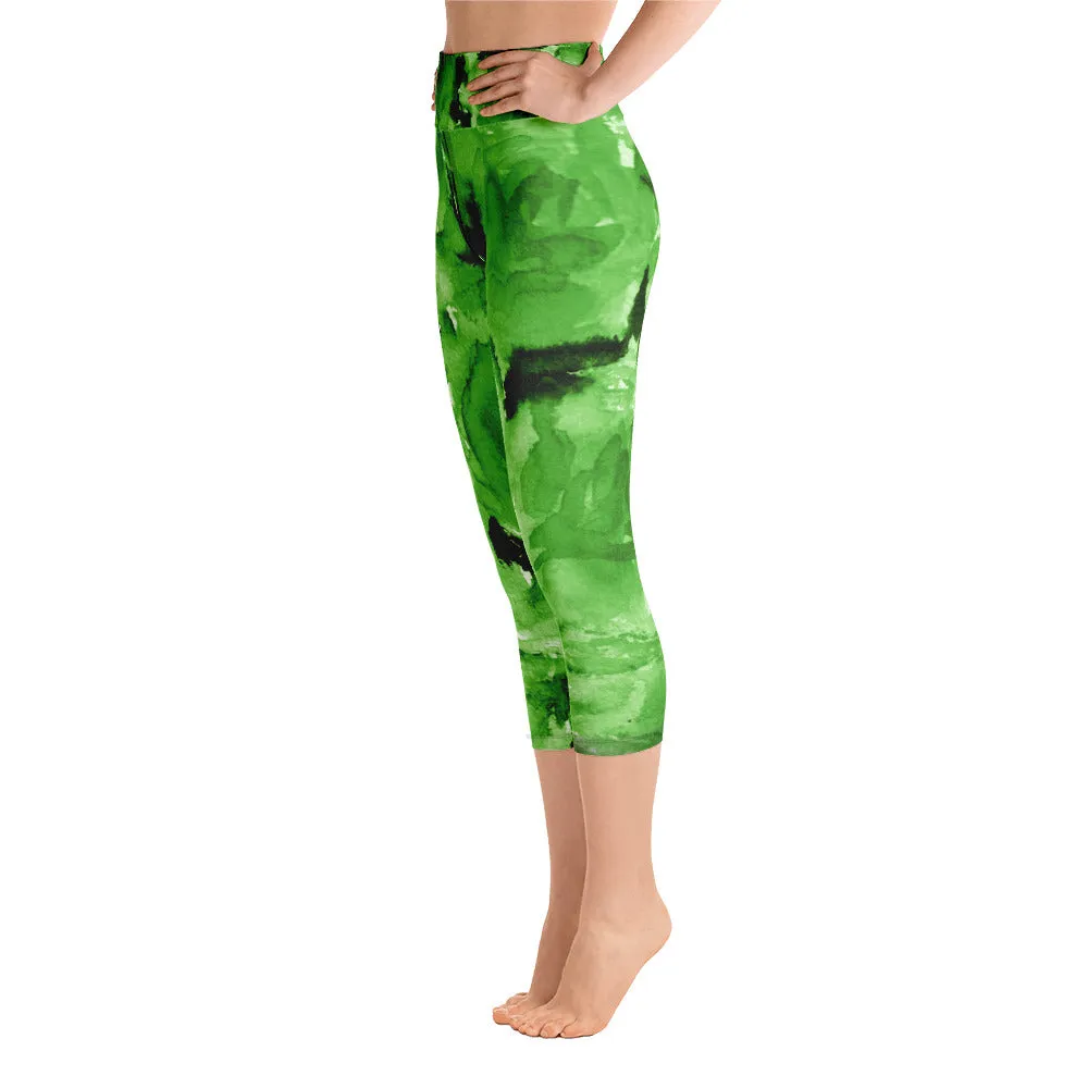 Green Floral Capri Leggings, Rose Women's Capris Yoga Pants Tights- Made in USA/EU