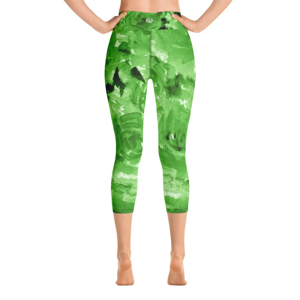 Green Floral Capri Leggings, Rose Women's Capris Yoga Pants Tights- Made in USA/EU