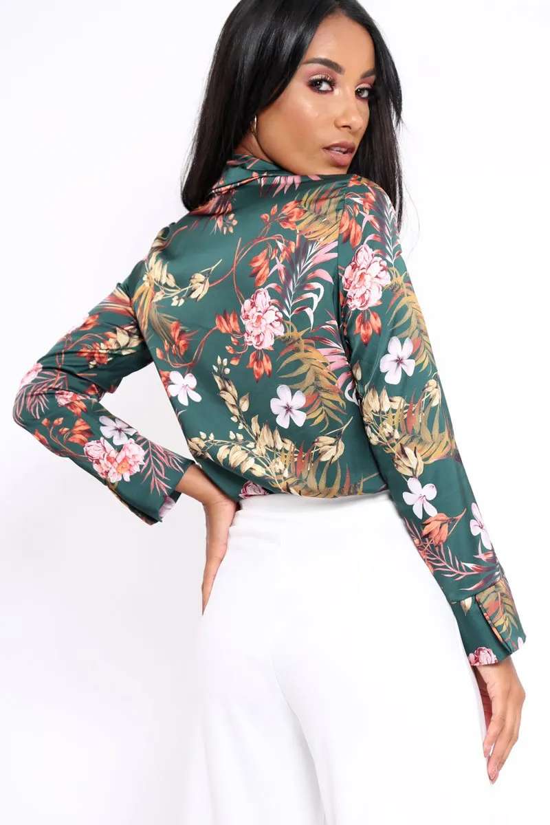 Green Floral Plunge Satin Bodysuit - Rebeka