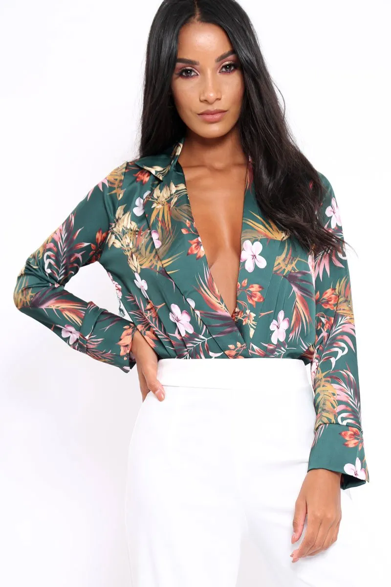 Green Floral Plunge Satin Bodysuit - Rebeka