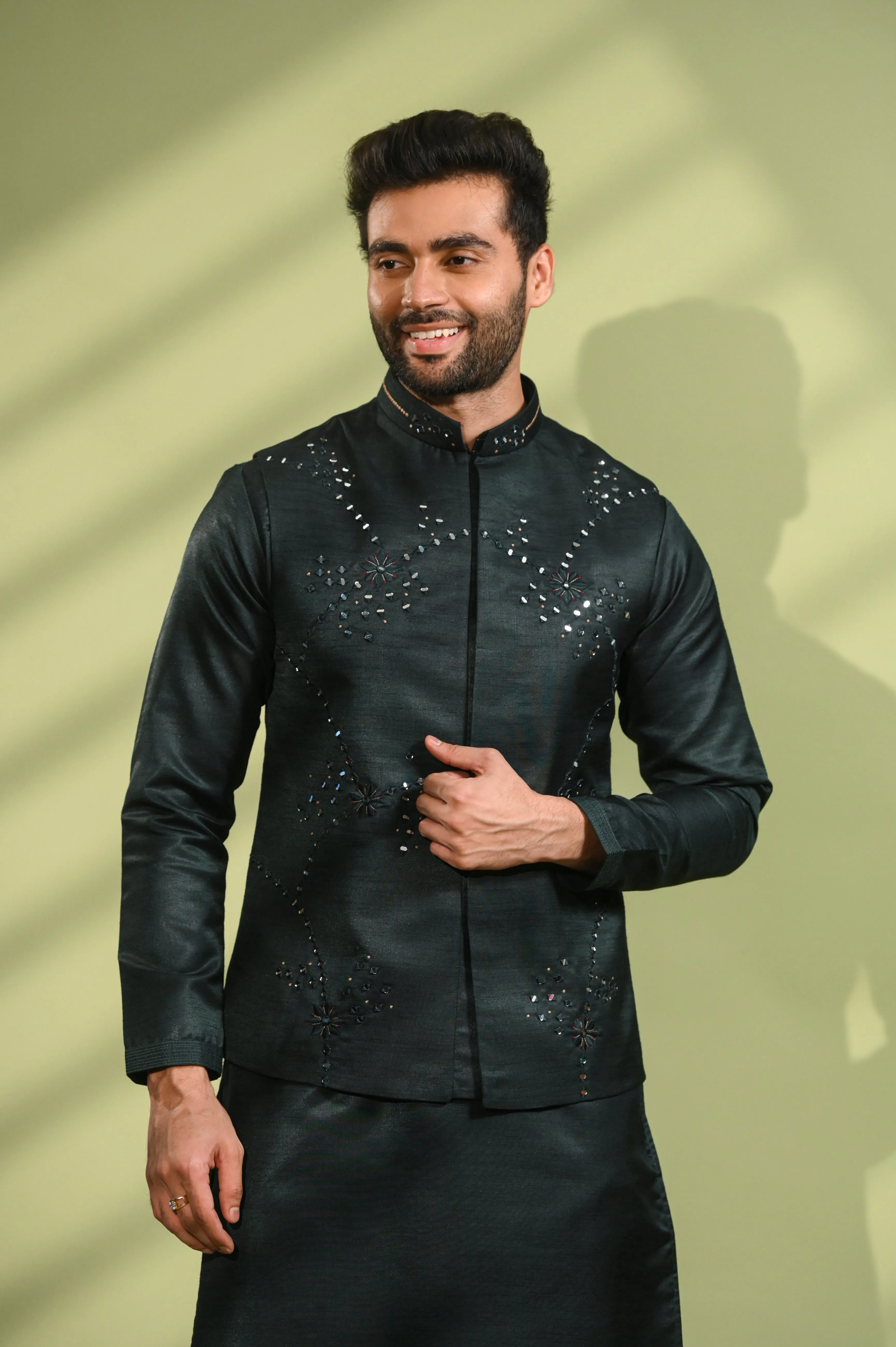 Green Jacket Kurta Set in Mirror Work