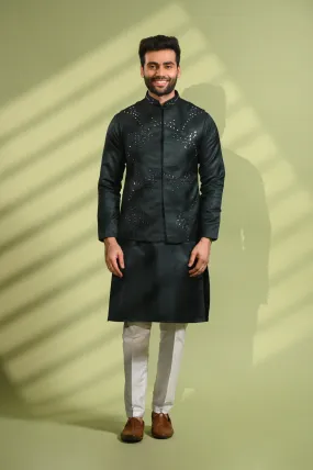 Green Jacket Kurta Set in Mirror Work