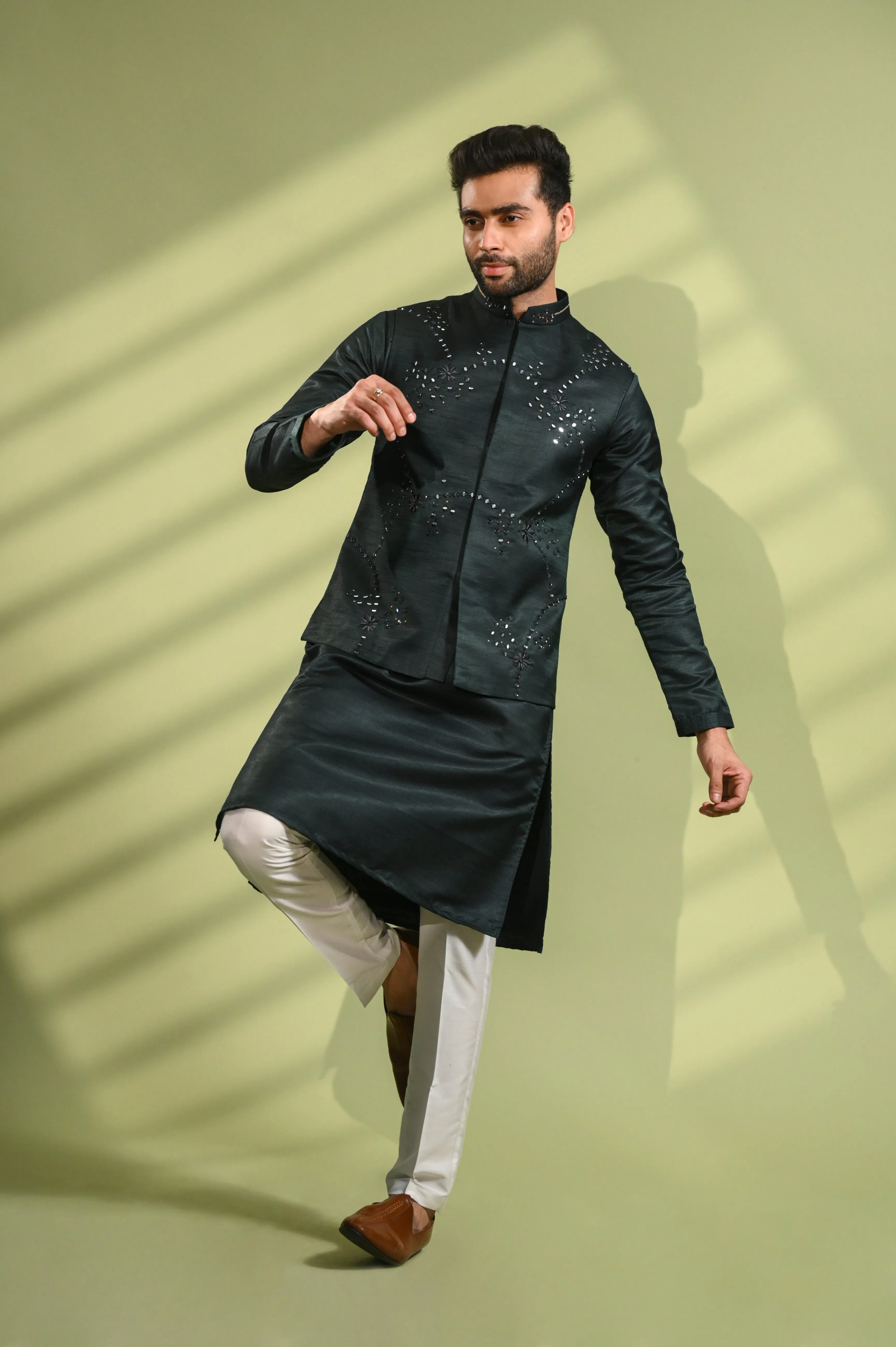 Green Jacket Kurta Set in Mirror Work