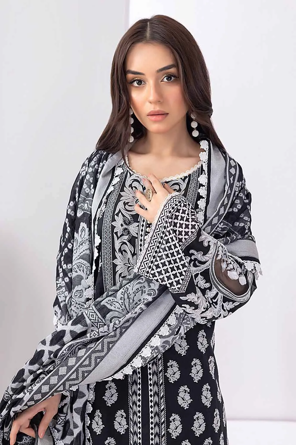 Gul Ahmed Monochrome Black & White – 3PC Unstitched Embroidered Lawn Suit with Jacquard Dupatta MJ-32061