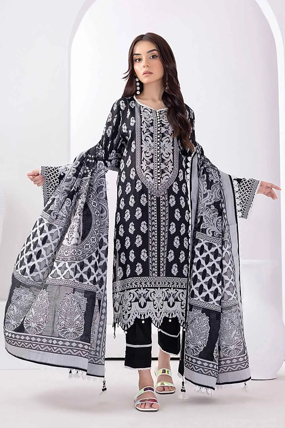 Gul Ahmed Monochrome Black & White – 3PC Unstitched Embroidered Lawn Suit with Jacquard Dupatta MJ-32061