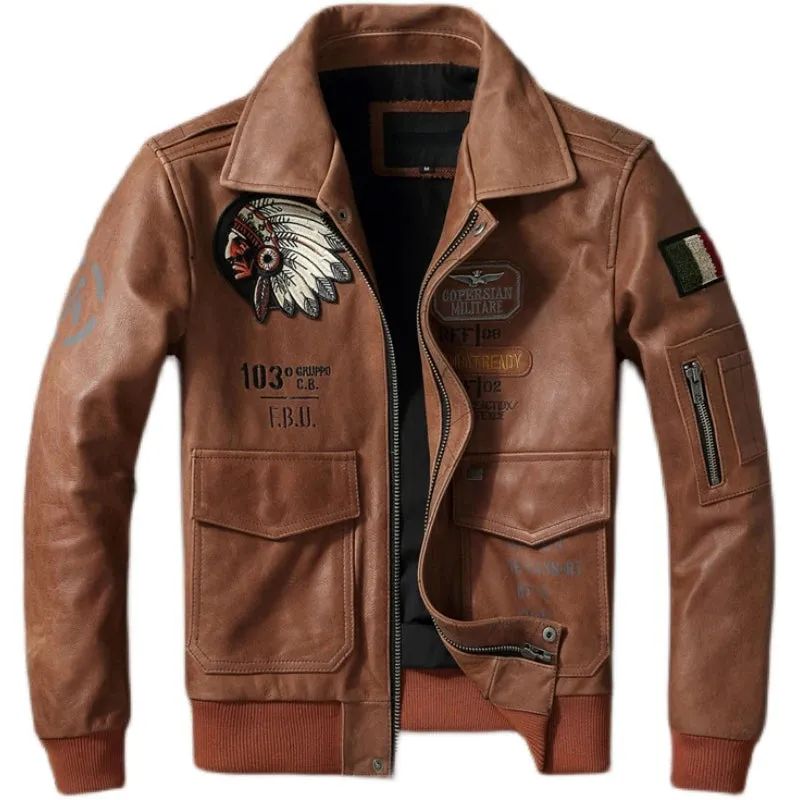 Indian Embroidered Genuine Leather Motorcycle Jacket- Slim Fit