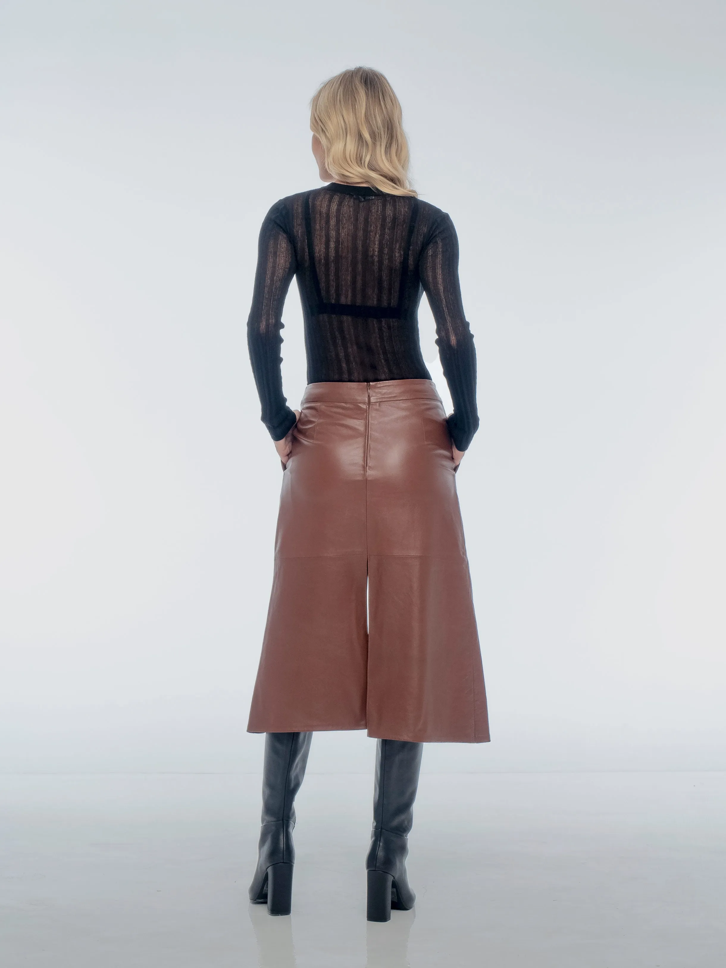 ISABELLA MIDI LEATHER SKIRT - WHISKEY