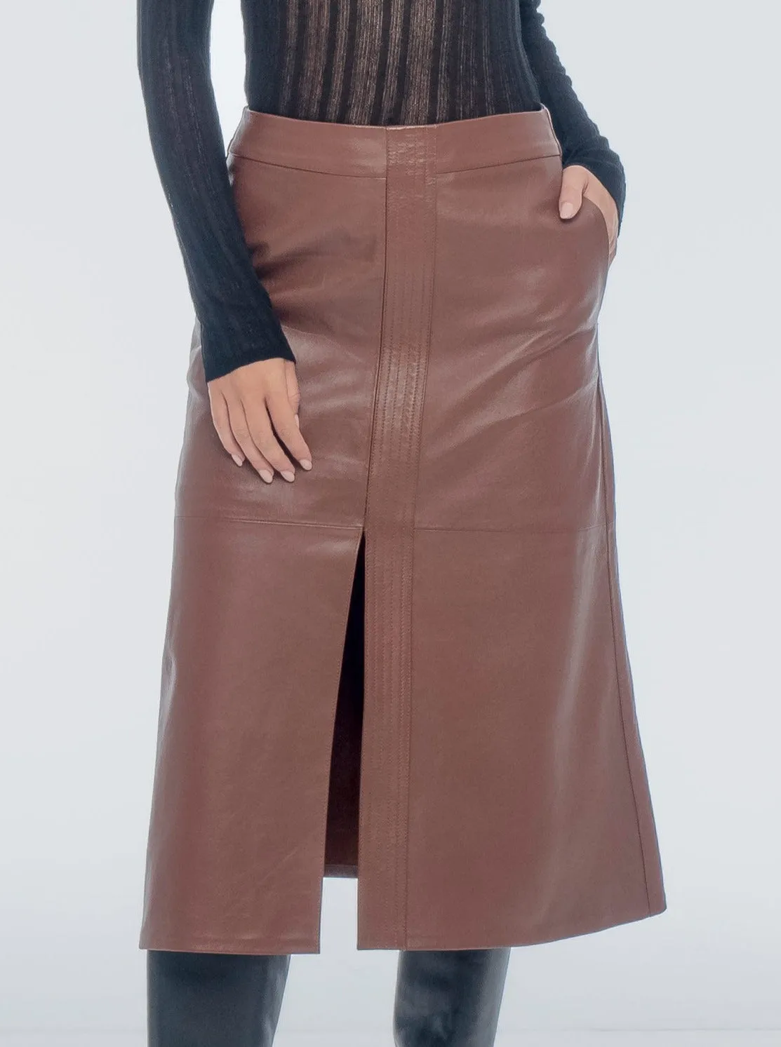 ISABELLA MIDI LEATHER SKIRT - WHISKEY