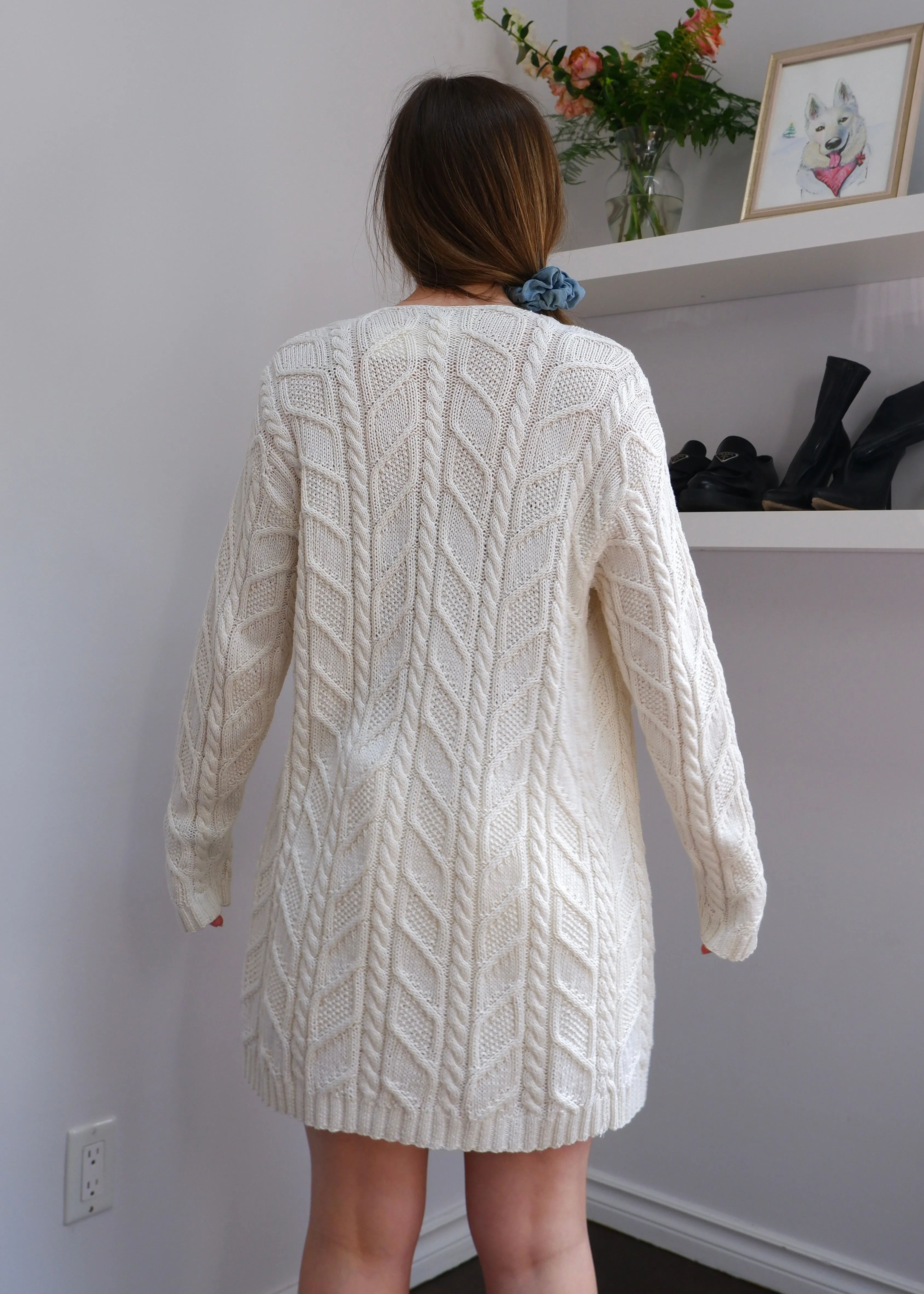 Jaeger Cream Longline Cotton Cable Knit Cardigan - M