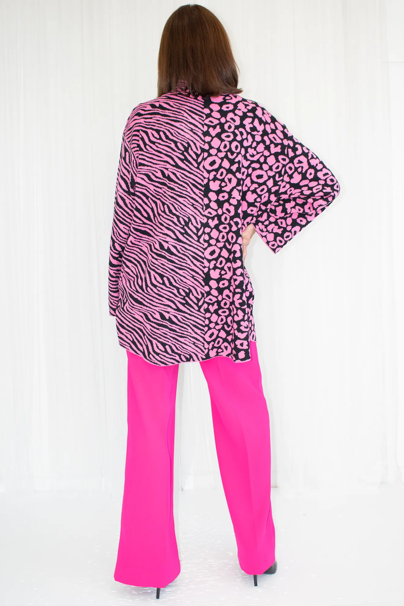 Kara Knitted Contrast Animal Print Oversized Shirt in Cerise Pink