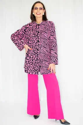 Kara Knitted Contrast Animal Print Oversized Shirt in Cerise Pink