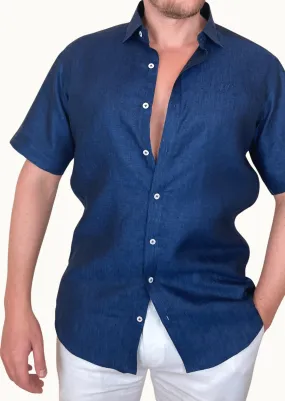 Laos Short Sleeve Linen Shirt - Dark Blue