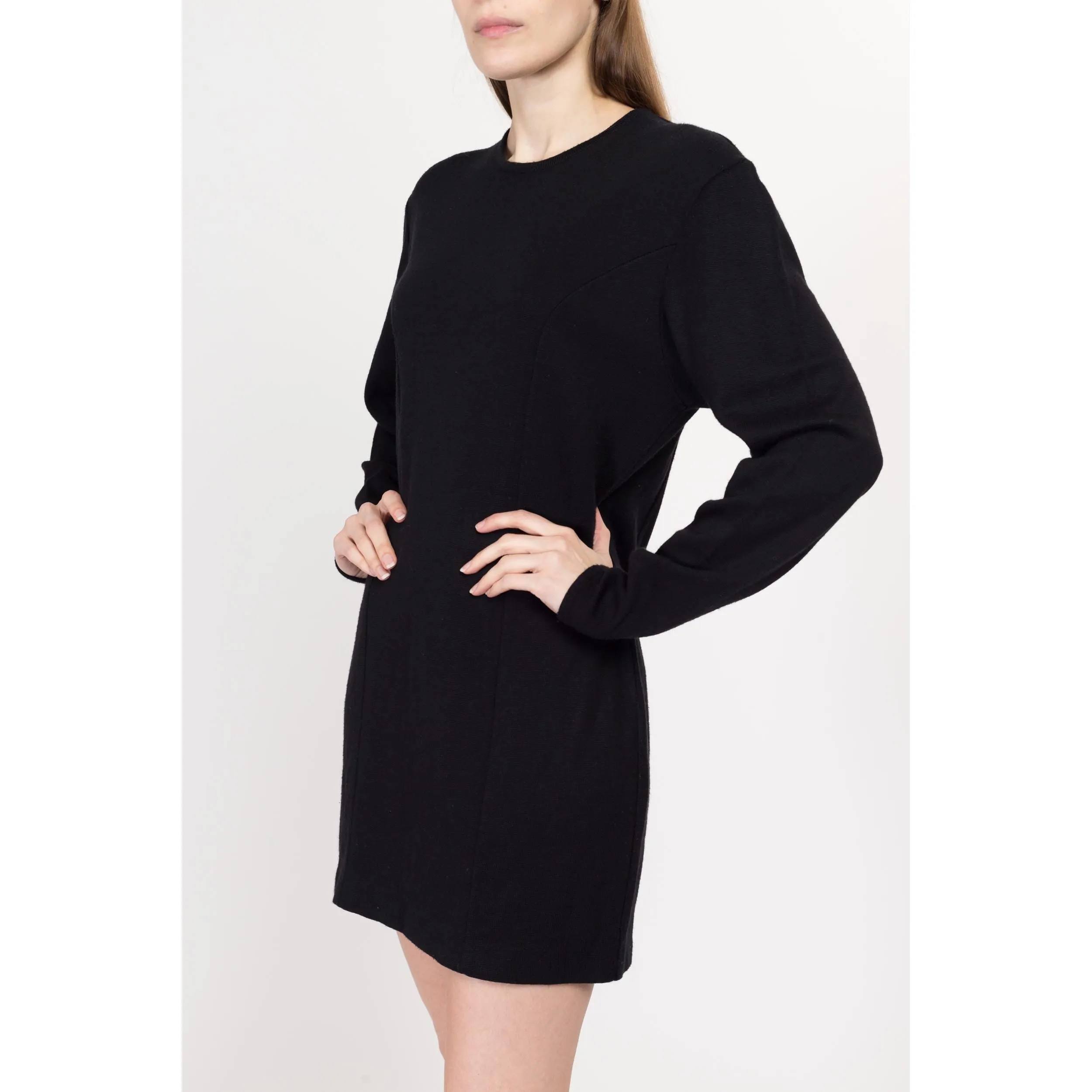 Large 80s Black Knit Mini Sweater Dress