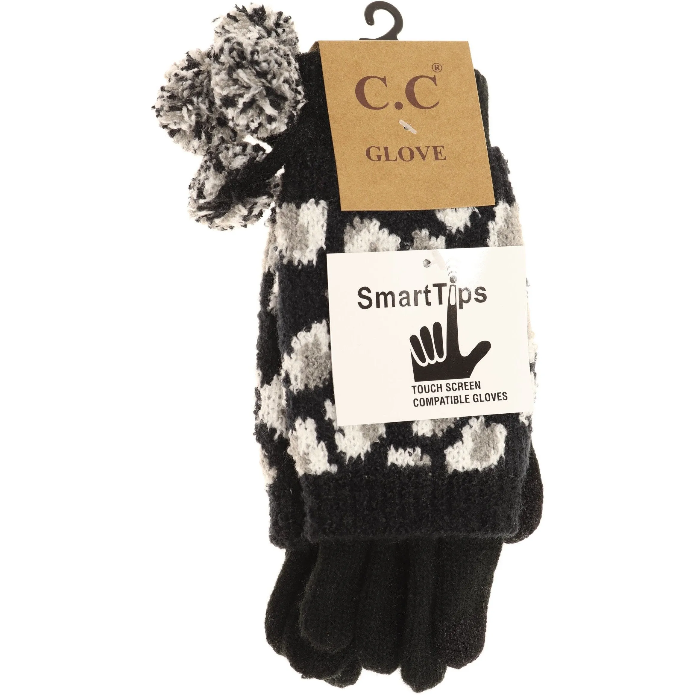 Leopard Print Cuffed CC Gloves with Pom Black