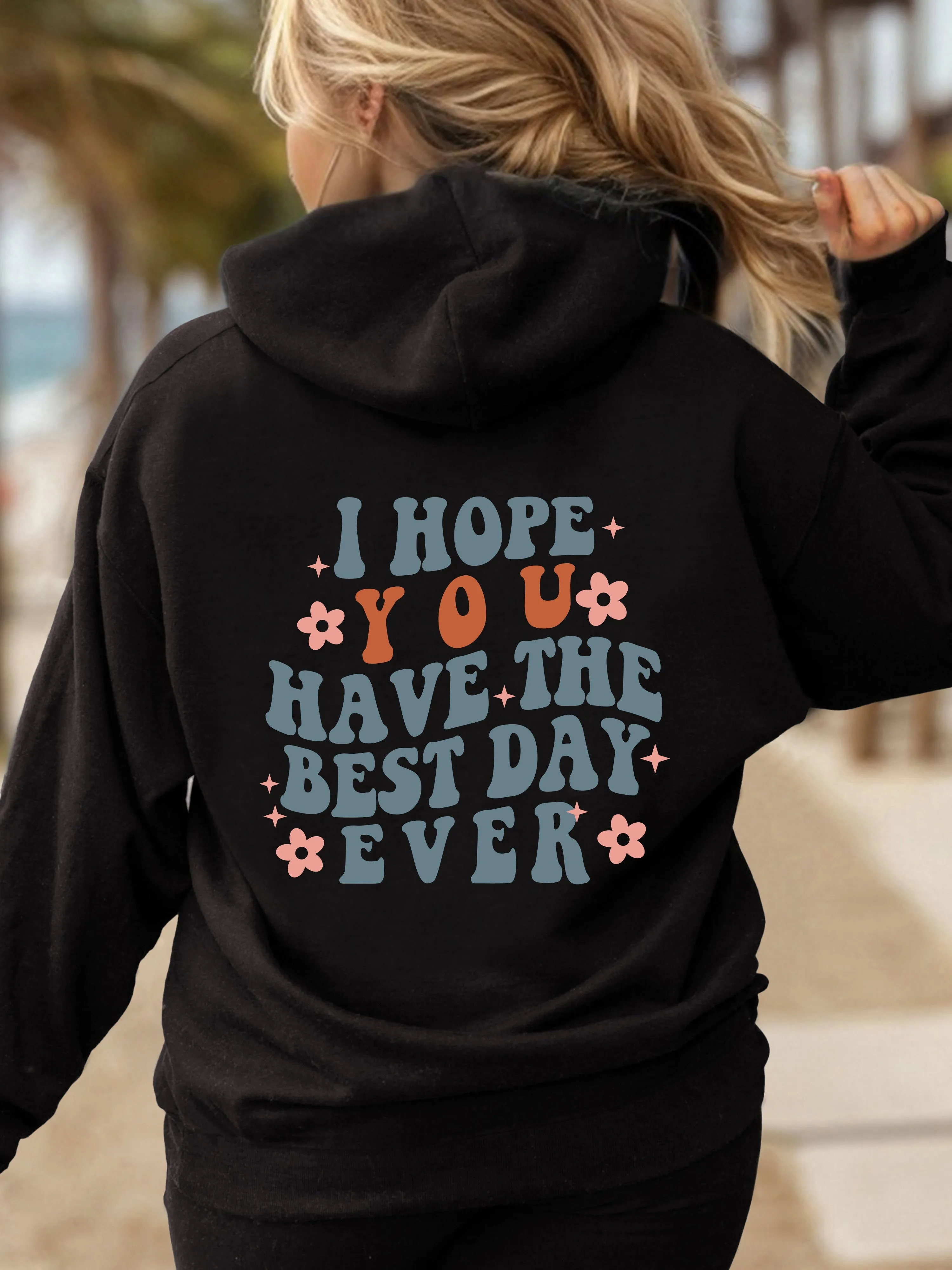 Letter Print Back Hoodies, Casual Kangaroo Pocket Long Sleeve Sweatshirt, Women's Clothing