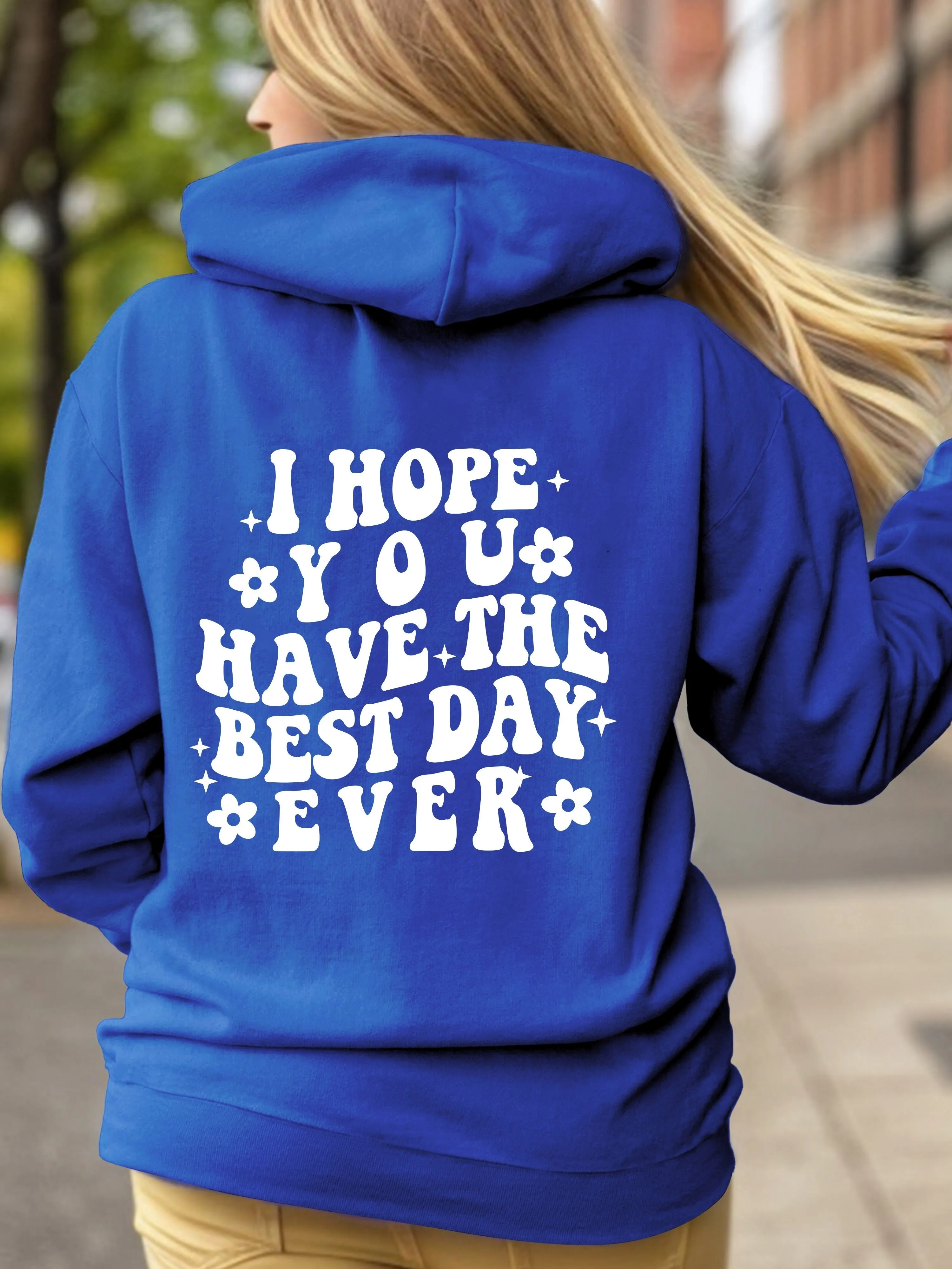 Letter Print Back Hoodies, Casual Kangaroo Pocket Long Sleeve Sweatshirt, Women's Clothing