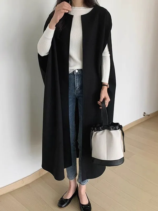 Loose Cape Style Long Woolen Sleeveless Coat