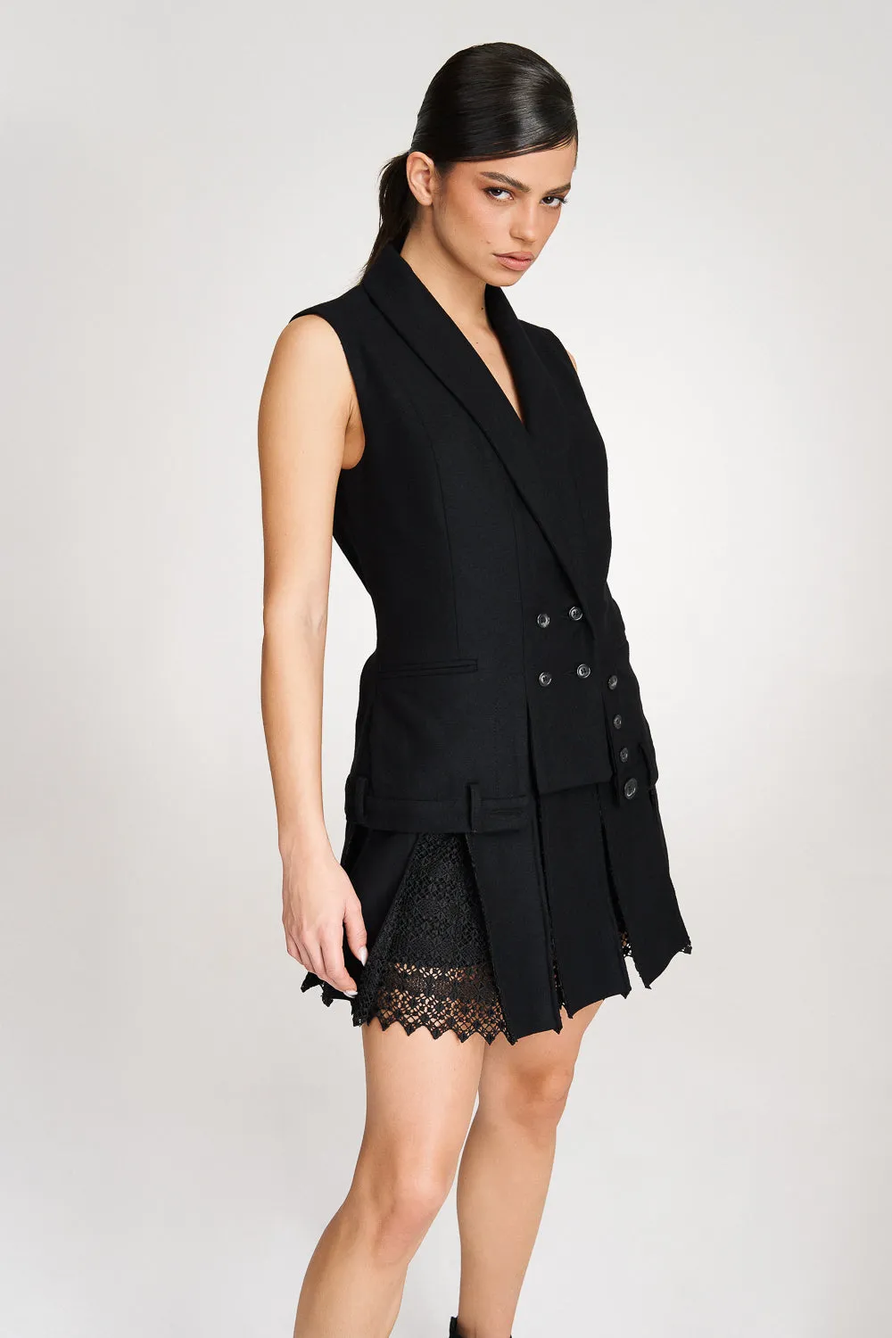 'Maeve' Black Wool Pleated Lace-trimmed Mini Skirt