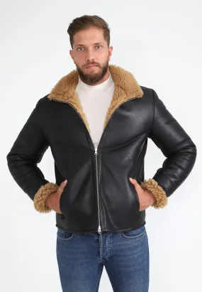Men's Shearling Casual Jacket, Silky Brown with Ginger Curly Wool