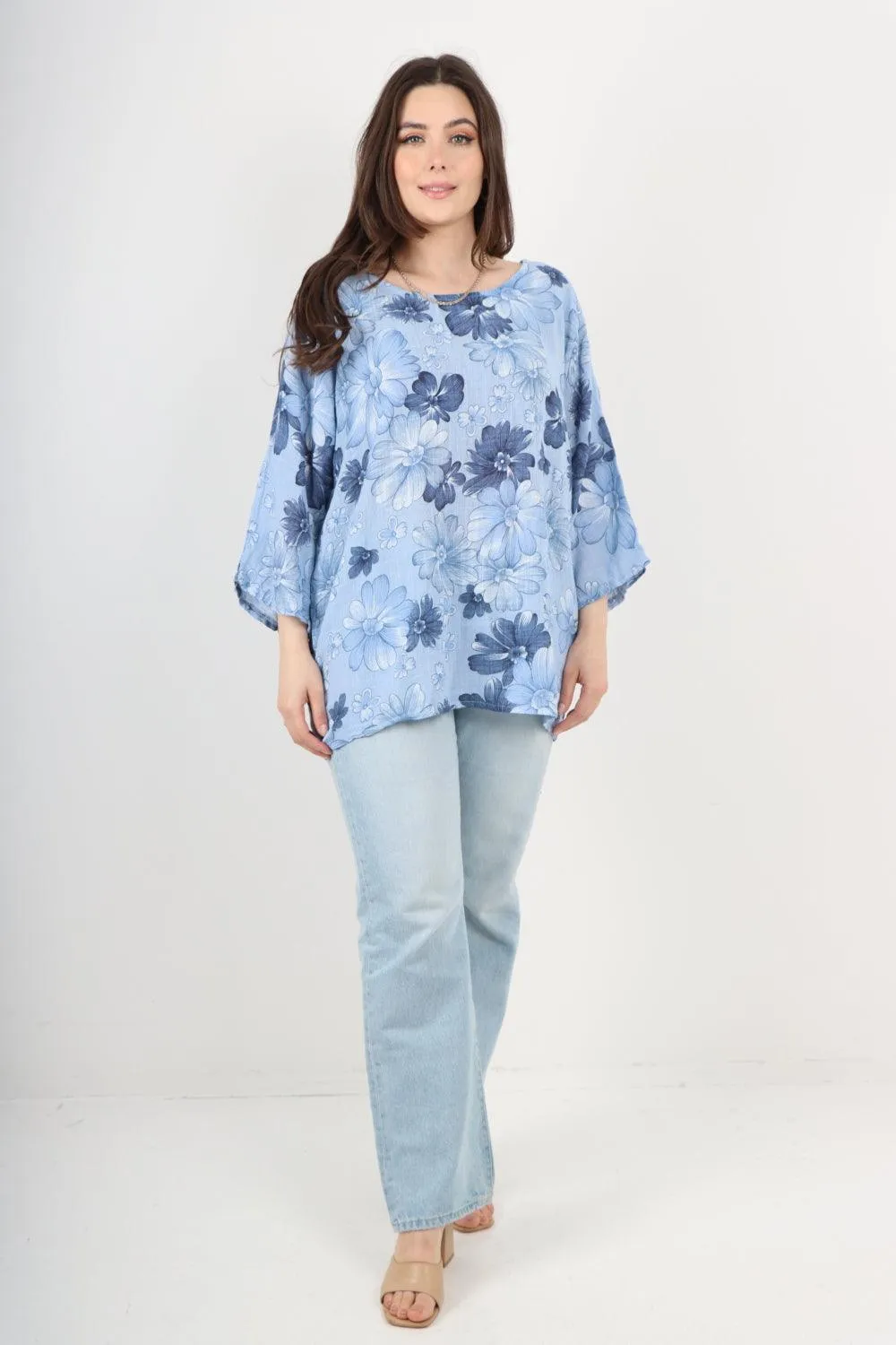 Multi Floral Print Cotton Tunic Top