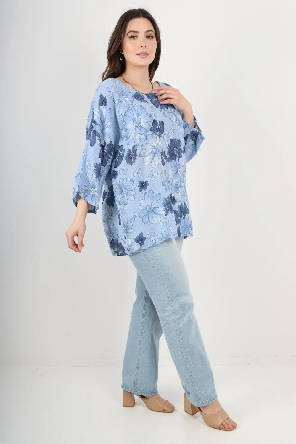 Multi Floral Print Cotton Tunic Top