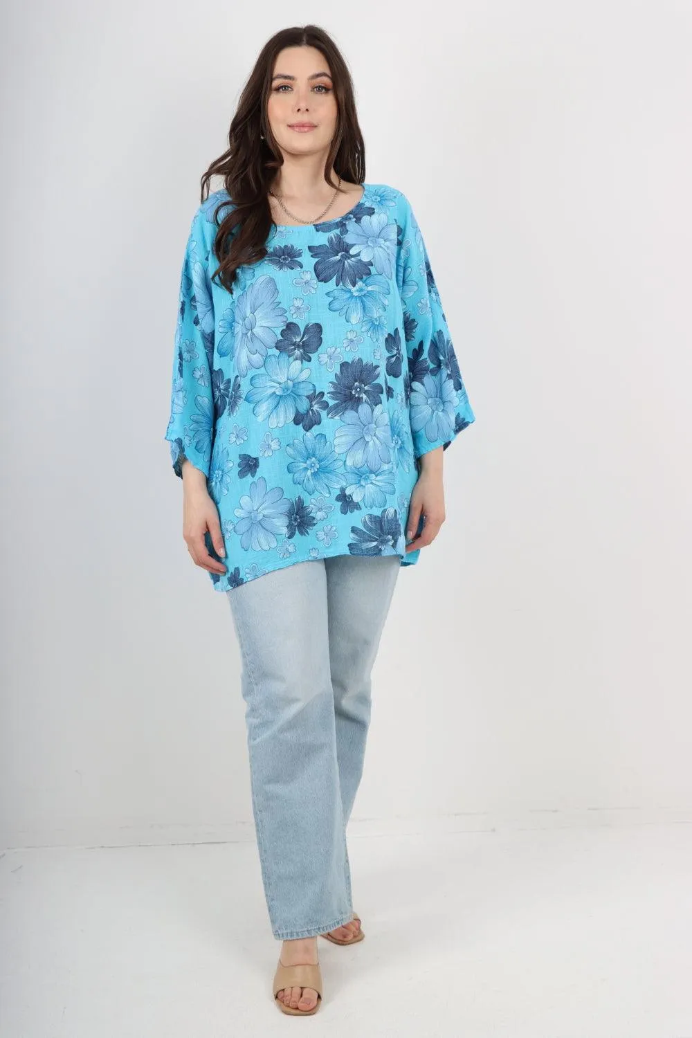 Multi Floral Print Cotton Tunic Top