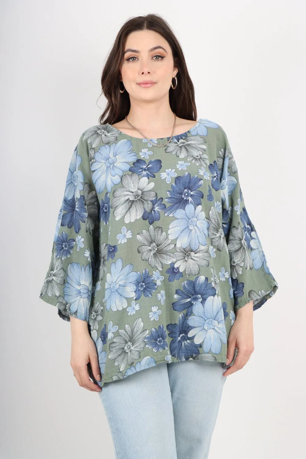 Multi Floral Print Cotton Tunic Top