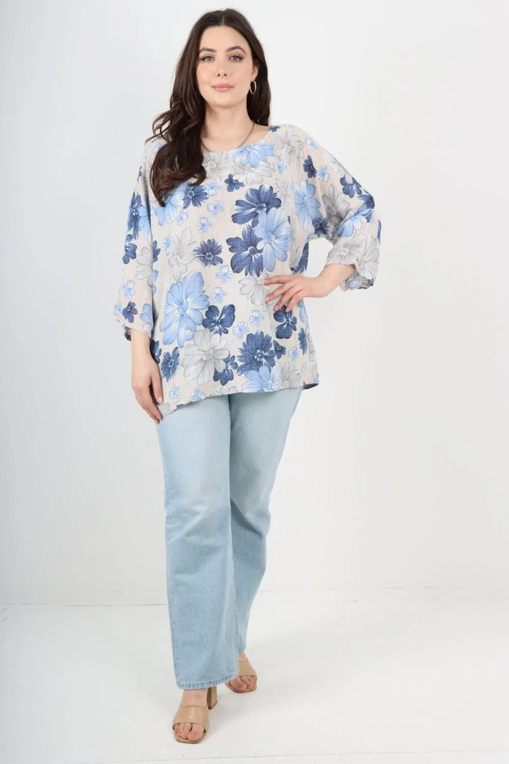 Multi Floral Print Cotton Tunic Top