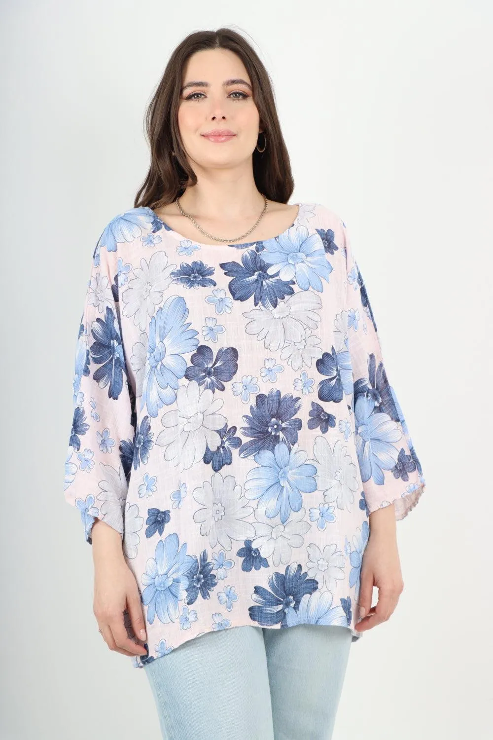 Multi Floral Print Cotton Tunic Top