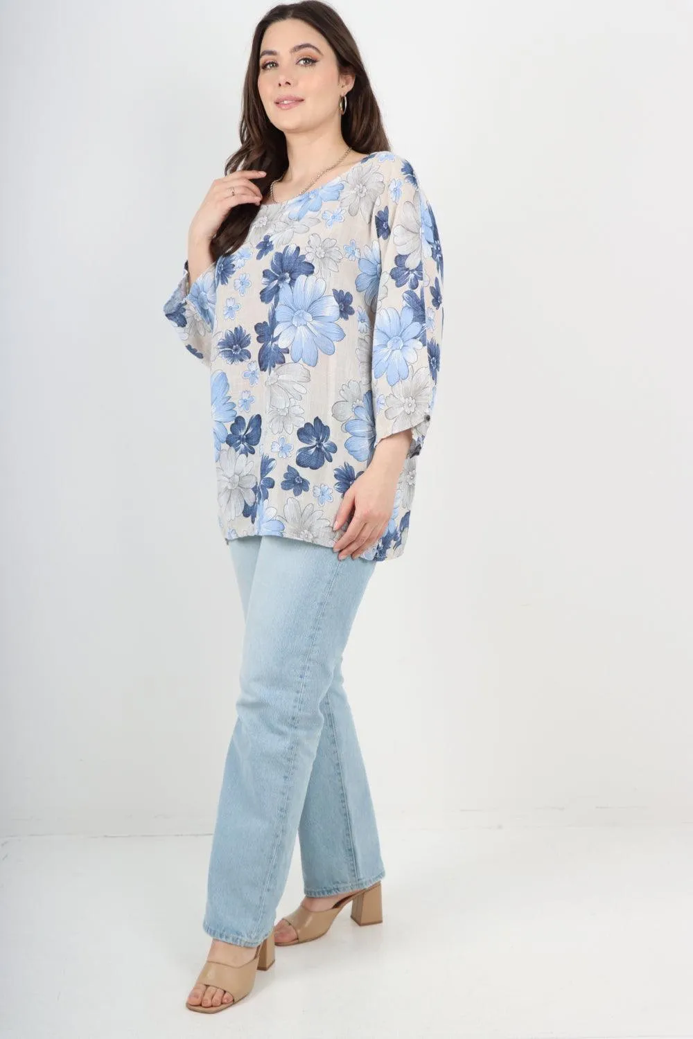 Multi Floral Print Cotton Tunic Top