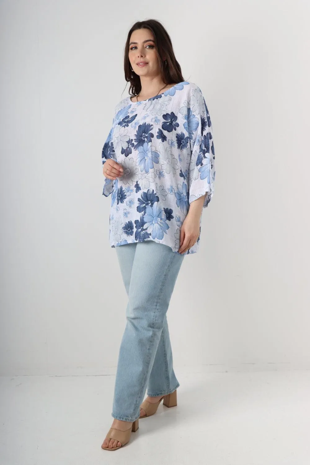 Multi Floral Print Cotton Tunic Top