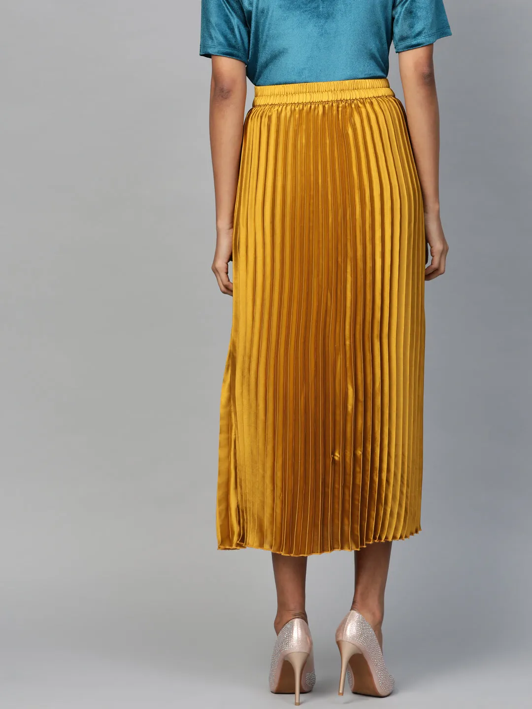 Mustard Satin Pleated Midi Skirt