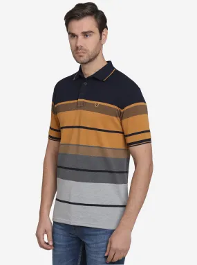 Navy Blue & Smoke Grey Striped Slim Fit Polo T-shirt  | JadeBlue